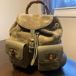 Vintage Gucci Bamboo Suede & Leather Backpack Olive Green